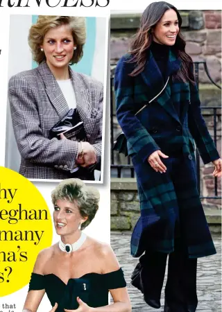  ??  ?? Meghan’s £360 top by Theory was in a Prince of Wales check — a tribute to Charles. Diana chose the same Prince of Wales check for a blazer she wore in 1989