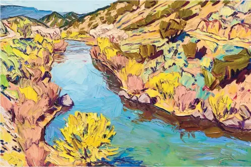  ?? COURTESY OF LEWALLEN GALLERIES ?? “Spring on the River No. 1,” 2020, oil on panel, 24x36 inches by Jivan Lee.