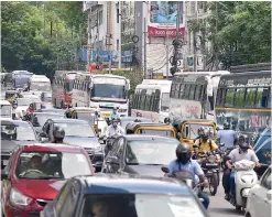  ?? S. SURENDER REDDY ?? Private bus operators and travel agencies protest by parking large number of their vehicles in front of RTA office, Khairataba­d, in protest against government not exempting Advance Motor Vehicle Tax for lockdown. —