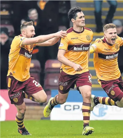  ?? Pictures: ?? Clockwise from above: Carl Mchugh, centre, celebrates his late winner for Motherwell; Hearts pair Christophe Berra and Connor Randall combine to deny Well’s Nadir Ciftci; Curtis Main forces the ball over the line to open the scoring; Kyle Lafferty...