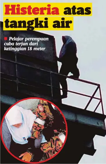  ??  ?? PELAJAR perempuan tingkatan empat yang diserang histeria memanjat dan cuba terjun dari tangki air sekolah.