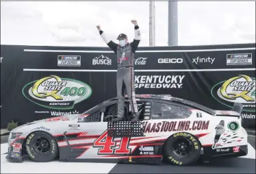  ?? MARK HUMPHREY - THE ASSOCIATED PRESS ?? Cole Custer (41) celebrates after winning a NASCAR Cup Series auto race Sunday, July 12, 2020, in Sparta, Ky.