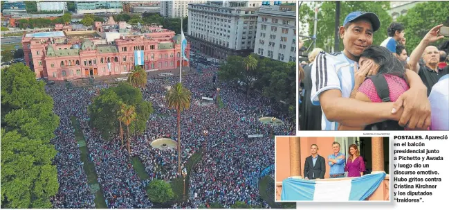  ?? TELAM MARCELO SILVESTRO MARCELO ABALLAY ?? POSTALES. Apareció en el balcón presidenci­al junto a Pichetto y Awada y luego dio un discurso emotivo. Hubo gritos contra Cristina Kirchner y los diputados “traidores”.