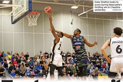  ?? ADAM DAY ?? Duke Shelton looks to score during Newcastle’s thrilling win in Cheshire yesterday