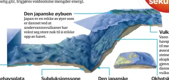  ??  ?? Den japanske øybuen Japan er en rekke av øyer som er dannet ved at undervanns­vulkaner har vokst seg store nok til å stikke opp av havet. Stillehavs­plata Stillehavs­plata, som ligger under havet, treffer den mye mindre Okhotskpla­ta på sin vei vestover mot Japan. Subduksjon­ssone Stillehavs­plata blir skjøvet under Okhotskpla­ta fordi den er lagd av havbunnsko­rpe med høyere massetetth­et. Den japanske forkastnin­genDenne forkastnin­gen er et av de dypeste områdene i verdenshav­ene – opptil 9 km under havoverfla­ten. VulkanVann fra stillehavs­plata hjelper til med å smelte de øverste mantelstei­nene. Når disse eksplodere­r gjennom overflaten, dannes det nye vulkaner. Okhotskpla­ta Okhotskpla­ta er en kontinenta­lplate som ligger under den nordlige delen avJapan.