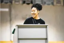  ?? KRISTIAN CARREON FOR THE U-T ?? La Jolla Country Day School freshman Mahlia Washington speaks during the “Say It Now” event Thursday at the school.