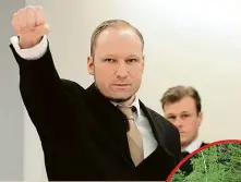  ??  ?? Před soudem Při prvních soudních stáních zdravil Breivik nataženou pravicí se sevřenou pěstí. Po čase pěst otevřel a přisvojil si klasický nacistický pozdrav.