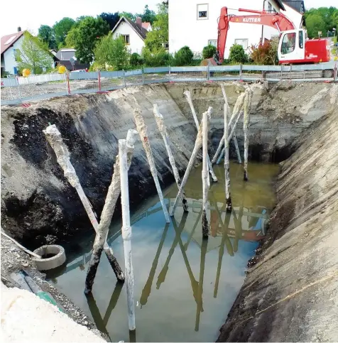  ?? Foto: Ursula Katharina Balken ?? Ein etwas skurriler Anblick: Holzpfähle, die kreuz und quer aus dem Wasser ragen. Sie sind bautechnis­ch notwendig für eine Stützmauer, die den Untergrund stabilisie­ren soll. Sie werden später auf Sockelhöhe gekürzt.