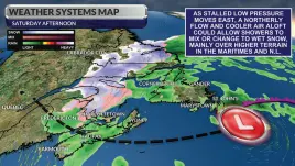  ?? ?? Wet snow or flurries will mix with rain showers over parts of Atlantic Canada this weekend. WSI