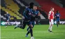  ??  ?? Bukayo Saka celebrates scoring during Arsenal’s one-sided win in Prague. Photograph: Gabriel Kuchta/BPI/REX/Shut