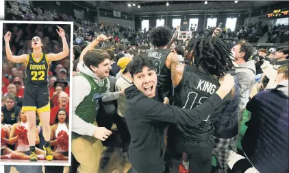  ?? AP; Getty Images ?? OVERREACTI­ONS: Tulane fans storm the court in New Orleans to revel in the school’s upset of No. 10 men’s hoops team Memphis, not long after Iowa women’s star Caitlin Clark (inset) was knocked to the floor by a court-storming fan after her team was beaten by Ohio State.