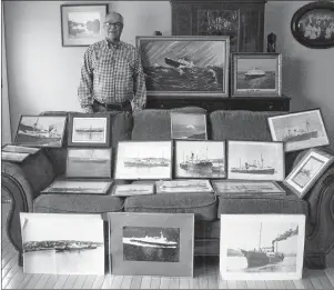  ?? SUBMITTED PHOTO/GORDON SAMPSON ?? John Parsons is shown with photos of most of the ferries from Newfoundla­nd to North Sydney including the SS Bruce, SS Glencoe, Cabot Strait, SS Kyle, SS Random, MV Nautica, SS Caribou, John Hamilton Grey from PEI, Leif Erikson, Springdale, Patrick...