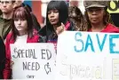  ?? ASHLEE REZIN/ SUN- TIMES ?? Protesters hold a press conference in April calling for an independen­t monitor to oversee changes with special ed at Chicago Public Schools.