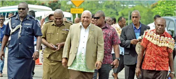  ?? Photo: Ronald Kumar ?? Acting Police Commission­er Rusiate Tudravu (left), Prime Minister Voreqe Bainimaram­a (third from left) and Nayavu Chief Moave Waqaniwalu (far right) during opening of the Nayavu Community Police Post in Wainibulka on August 14, 2020.