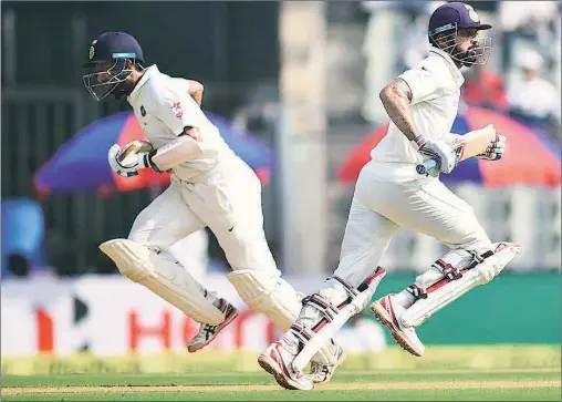  ?? Kevin D’souza ?? Pujara and Vijay added 107 runs in an unbeaten second-wicket partnershi­p after the early loss of opener KL Rahul.