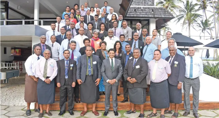  ?? Photo: Jone Luvenitoga ?? Attorney-General Aiyaz Sayed-Khaiyum (front centre) with staff members from the Ministry of Education at The Pearl Resort, Pacific Harbour, on August 10, 2017.