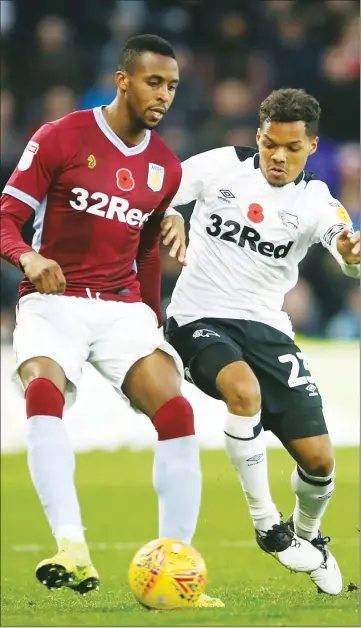  ??  ?? STEP AHEAD: Aston Villa’s Jonathan Kodjia gets in front of Derby’s Duane Holmes