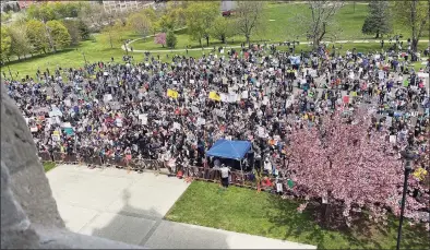  ?? Ken Dixon / Hearst Connecticu­t Media ?? Thousands gather on north side of the State Capitol in opposition to bill that would repeal the so-called religious exemption from mandatory childhood vaccinatio­ns on April 27.