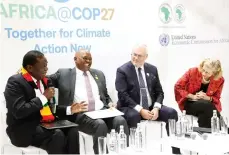  ?? ?? President Mnangagwa addresses delegates at the Empowering Climate-Resilience Africa for the 21st Century-High Level event hosted by his Botswana counterpar­t President Masisi (second fro m left), on the sidelines of the UN Climate Conference COP27. They are flanked Estonian President Mr Alar Karis (second from right) and UN Environmen­t Programme executive director Ms Inger Andersen in Sharm EL-Sheikh Resort City, Egypt yesterday