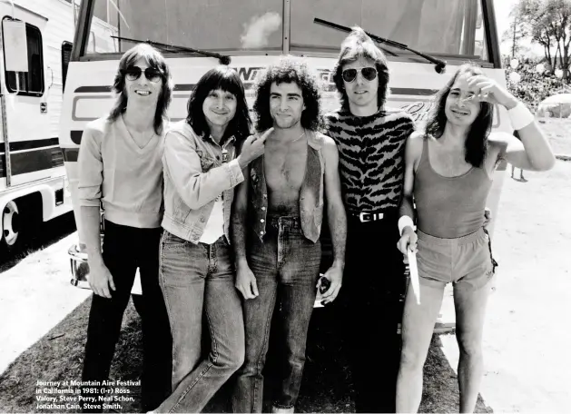  ??  ?? Journey at Mountain Aire Festival in California in 1981: (l-r) Ross Valory, Steve Perry, Neal Schon, Jonathan Cain, Steve Smith.