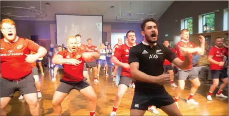  ??  ?? The participan­ts in the Tralee Rugby Club Strictly Come Dancing event take part in a haka to open proceeding­s at the event, which took place at the Ballyroe Hotel on Friday night.