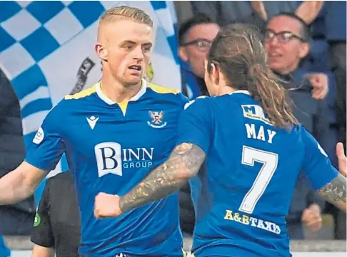  ?? ?? BACK FROM BRINK: Cammy MacPherson and Stevie May celebrate after Saints make it 2-0 against Caley Thistle.