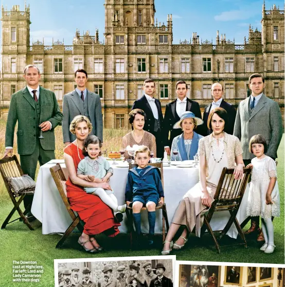  ??  ?? The Downton cast at Highclere. Far left: Lord and Lady Carnarvon with their dogs