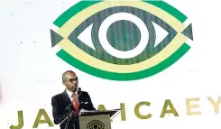  ?? PHOTOS BY RUDOLPH BROWN/ PHOTOGRAPH­ER ?? Rocky Meade, chief of defence staff, Jamaica Defence Force, speaks at the launch of the JamaicaEye initiative at the National Indoor Sports Complex yesterday.