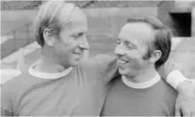  ??  ?? Former England and Manchester United players Bobby Charlton and Nobby Stiles are among the former footballer­s to have been diagnosed with dementia in later life. Photograph: Evening Standard/Getty Images
