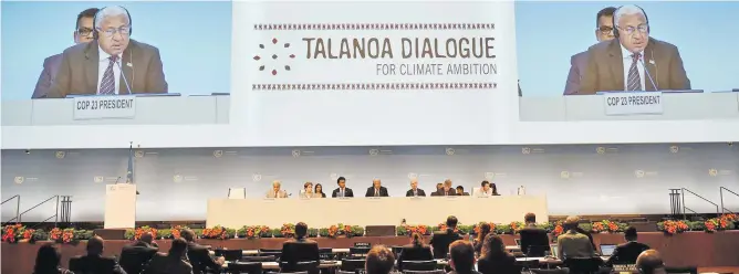  ?? Photo: DEPTFO News ?? Prime Minister and COP23 President Voreqe Bainimaram­a delivers his remarks during the wrap-up meeting of the Presidenci­es Talanoa Dialogue in Bonn, Germany.