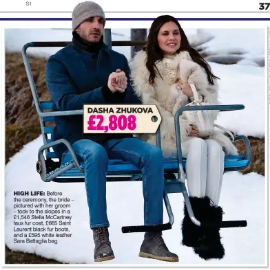  ??  ?? HIGH LIFE: Before the ceremony, the bride – pictured with her groom – took to the slopes in a £1,548 Stella McCartney faux fur coat, £665 Saint Laurent black fur boots, and a £595 white leather Sara Battaglia bag