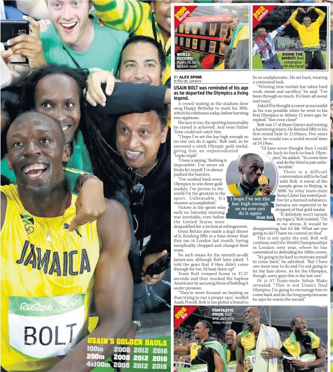  ??  ?? WORLD RECORD: Bolt’s 19.30 is fastest-ever FANTASTIC FOUR: Bolt and Jamaica relay mates DOING THE MOBOT: Bolt celebrates with Mo Farah