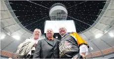  ??  ?? B.C. Lions owner David Braley, left, with Dennis Skulsky, centre, and David Podmore in 2011, said earlier this year the team is up for sale.