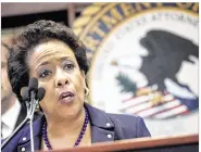  ?? MARK LENNIHAN / ASSOCIATED PRESS ?? U.S. Attorney General Loretta Lynch, at a New York news conference, announces an indictment against FIFA offifficia­ls and corporate executives in a racketeeri­ng, conspiracy and corruption investigat­ion.