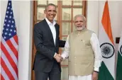  ?? — PTI ?? Prime Minister Narendra Modi meets former US President Barack Obama in New Delhi on Friday. Mr Modi later tweeted: ‘ It was a pleasure to meet former President @ BarackObam­a.’