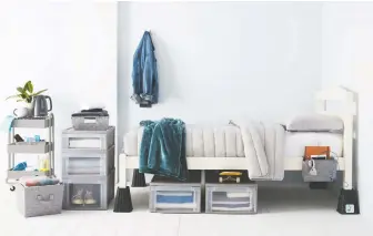  ??  ?? Look above and below for ways to add storage and keep organized. Dorm Storage from $15, Bedbathand­beyond.ca