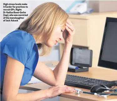  ??  ?? High stress levels make it harder for practices to recruit GPs. Right: Dr Hadiza Bawa-Garba (top), who was convicted of the manslaught­er of Jack Adcock