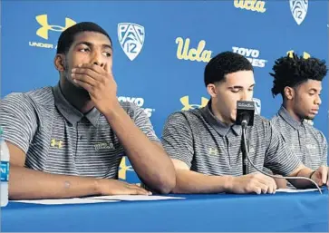  ?? Wally Skalij Los Angeles Times ?? UCLA BASKETBALL players Cody Riley, left, LiAngelo Ball and Jalen Hill talk about their arrests in China at a news conference at the school’s Pauley Pavilion. They are on indefinite suspension from the team.
