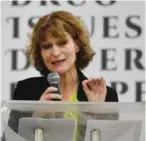  ??  ?? MANILA: Agnes Callamard, the UN special rapporteur on extrajudic­ial killings, gestures as she addresses a narcotics forum at a state-run university yesterday. — AFP