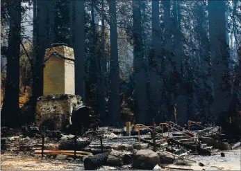  ?? SHMUEL THALER — SANTA CRUZ SENTINEL ?? The chimney and fireplace are all that remain of Park Headquarte­rs at Big Basin Redwoods State Park.