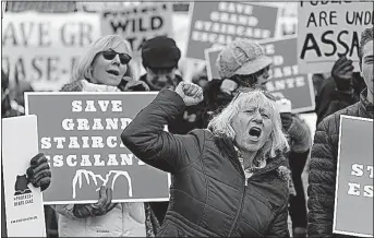  ?? [TRENT NELSON/THE SALT LAKE TRIBUNE] ?? Tami Sablan and other protesters chant before a visit Monday by President Donald Trump to announce that he is scaling back two sprawling national monuments in Utah.