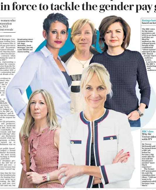  ??  ?? Broadcasti­ng talent: Clockwise from top left, Naga Munchetty, Sarah Montague, Jane Hill, Louise Minchin and Joanna Gosling