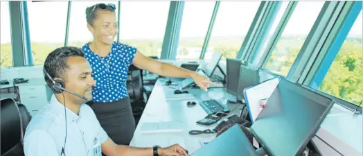  ?? Picture: SUPPLIED ?? Air Traffic controller­s Stanley Prakash and Jackie Tabua use the new Aurora ATM system in the Nadi tower.