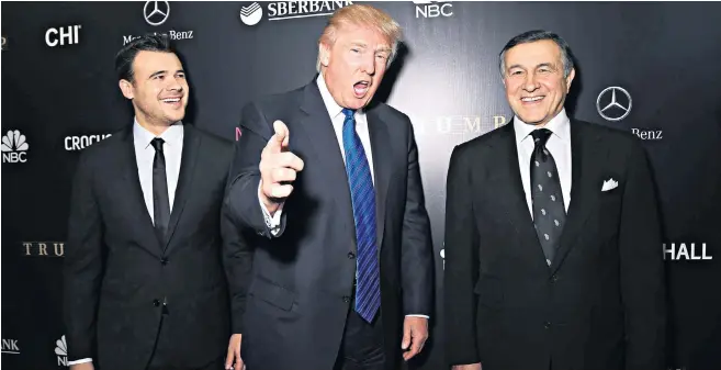  ??  ?? Donald Trump at the Miss Universe pageant in 2013 in Moscow flanked by billionair­e Russian tycoon Aras Agalarov, right, and his son Emin, a pop star