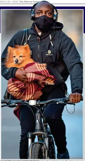  ??  ?? MASKED MAN’S BEST FRIEND: A cyclist with his pet in South London