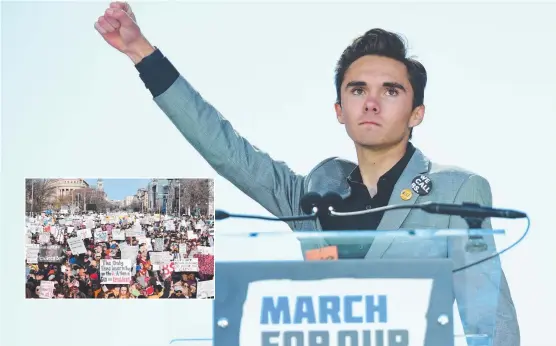  ?? Pictures: AFP ?? RALLYING CALL: Marjory Stoneman Douglas High School student David Hogg addresses the crowd ( inset) during the March For Our Lives rally in Washington DC. More than a million marchers yesterday rallied for gun control in the US.