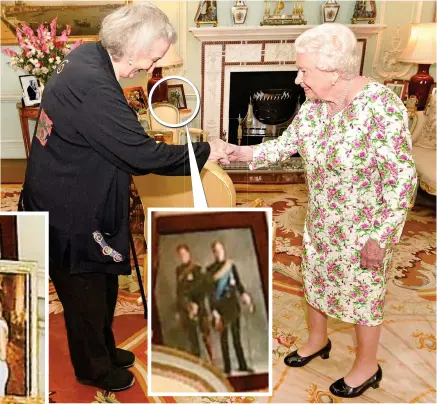  ??  ?? Pride of place: William and Harry’s photo is on the table as the Queen meets Thea Musgrave