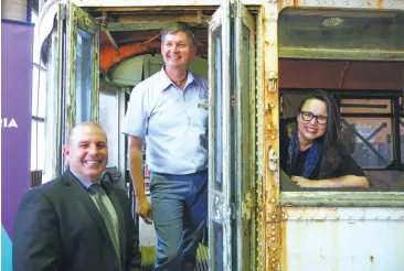  ??  ?? The next stop for this 1926 Melbourne tram, sourced from Newstead, is the Walhalla Goldfields Railway following restoratio­n works to be carried out at Yallourn. Inspecting the carriage are Baw Baw Shire mayor Cr Joe Gauci, Walhalla Goldfields Railway...