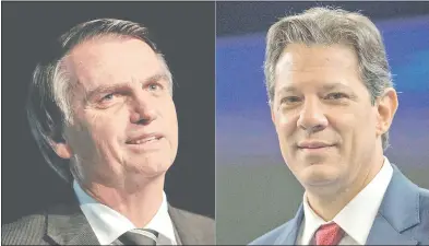  ??  ?? Jair Bolsonaro (i) obtuvo algo más del 46% de los votos en la primera vuelta, contra Fernando Haddad (d), quien obtuvo poco menos del 29%. Irán al balotaje el 28 de octubre.