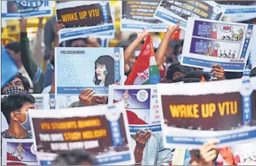  ?? PTI ?? Students during a protest against the arrest of climate activist Disha Ravi in Bengaluru on Tuesday.